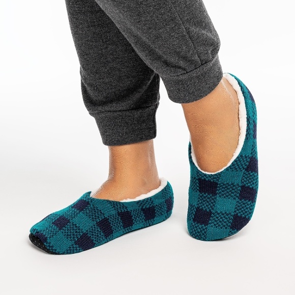 𝅺EMERALD Green Plaid  Insulated Thermal Sherpa Lined Slippers Socks - Picture 1 of 4
